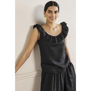 Boden Black Scoop Neck Sleeveless Ruffle Linen Top